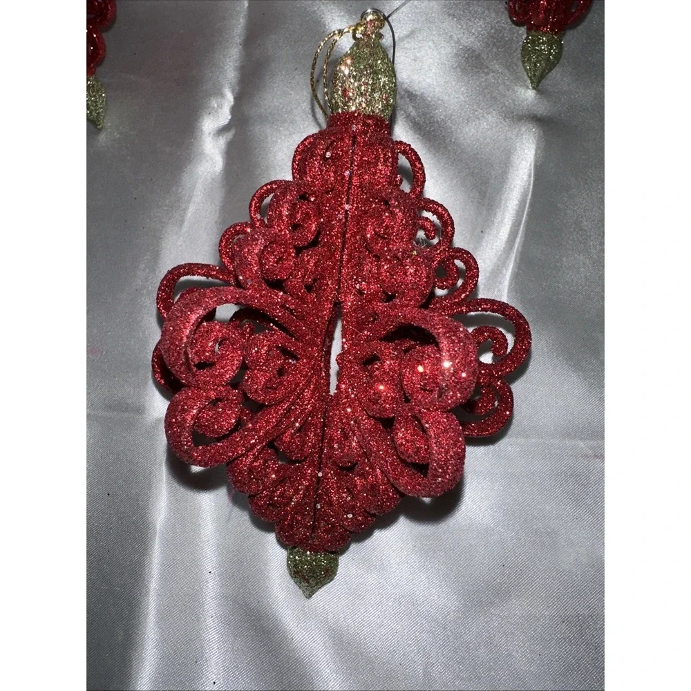Red Glitter Scroll Christmas Ornaments Set of 3 Filigree Finial Holiday Decor